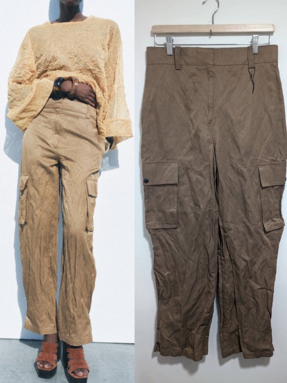 NEW! Zara | ZW Wrinkled Cargo Trousers In Camel